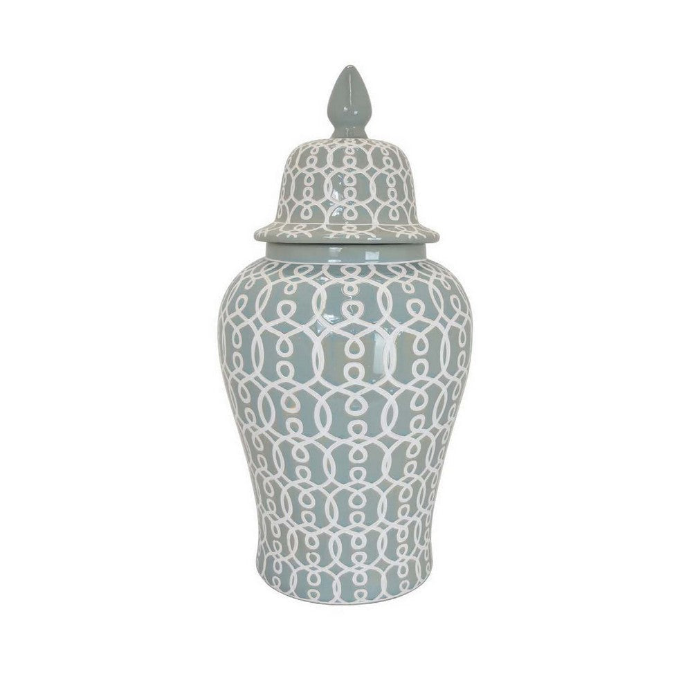 Deni 33 Inch Temple Jar Removable Lid Carved Pattern Ceramic Mint Green By Casagear Home BM310050