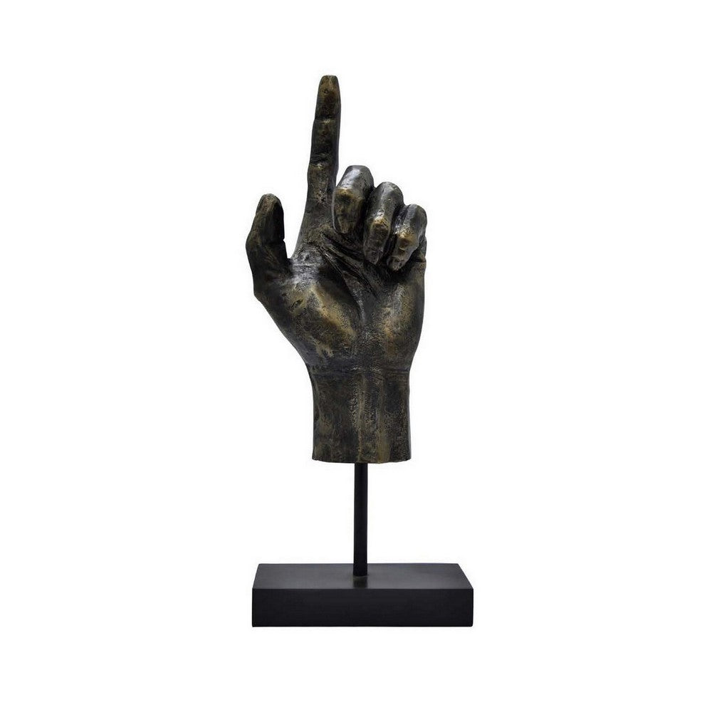 24 Inch Pointing Hand Sculpture Pedestal ’Base Resin Frame Bronze By Casagear Home BM310056