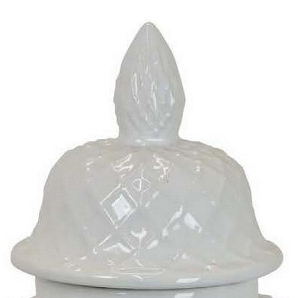 Livie 20 Inch Temple Ginger Jar Geometric Design Dome Lid Ceramic White By Casagear Home BM310094