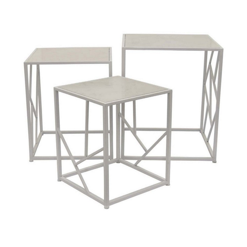 Laury 24 Inch Plant Stand Table Set of 3 Square Metal White Finish By Casagear Home BM310111