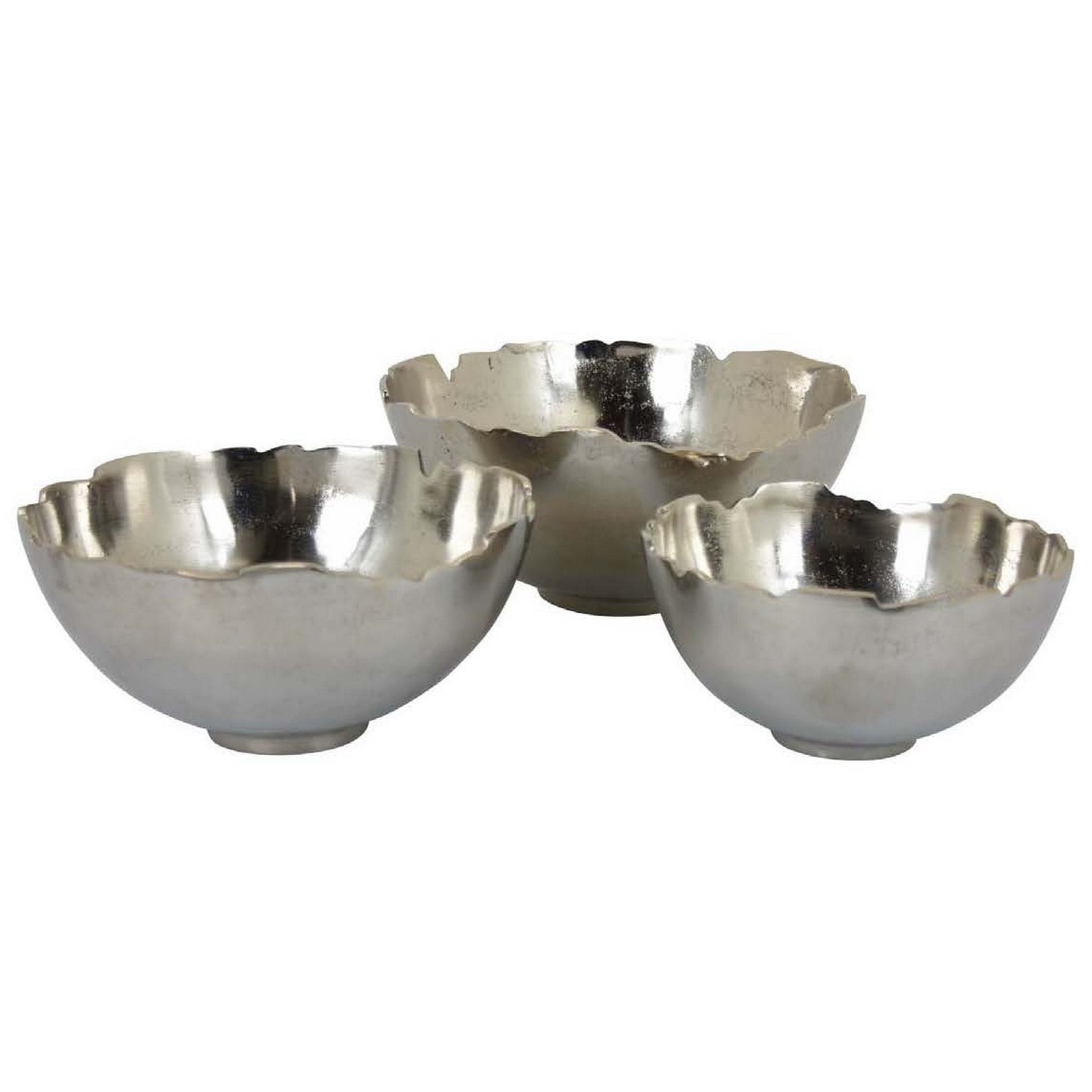 Bonz Set of 3 Bowls Unique Top Shape Round Base Silver Metal Finish By Casagear Home BM310157