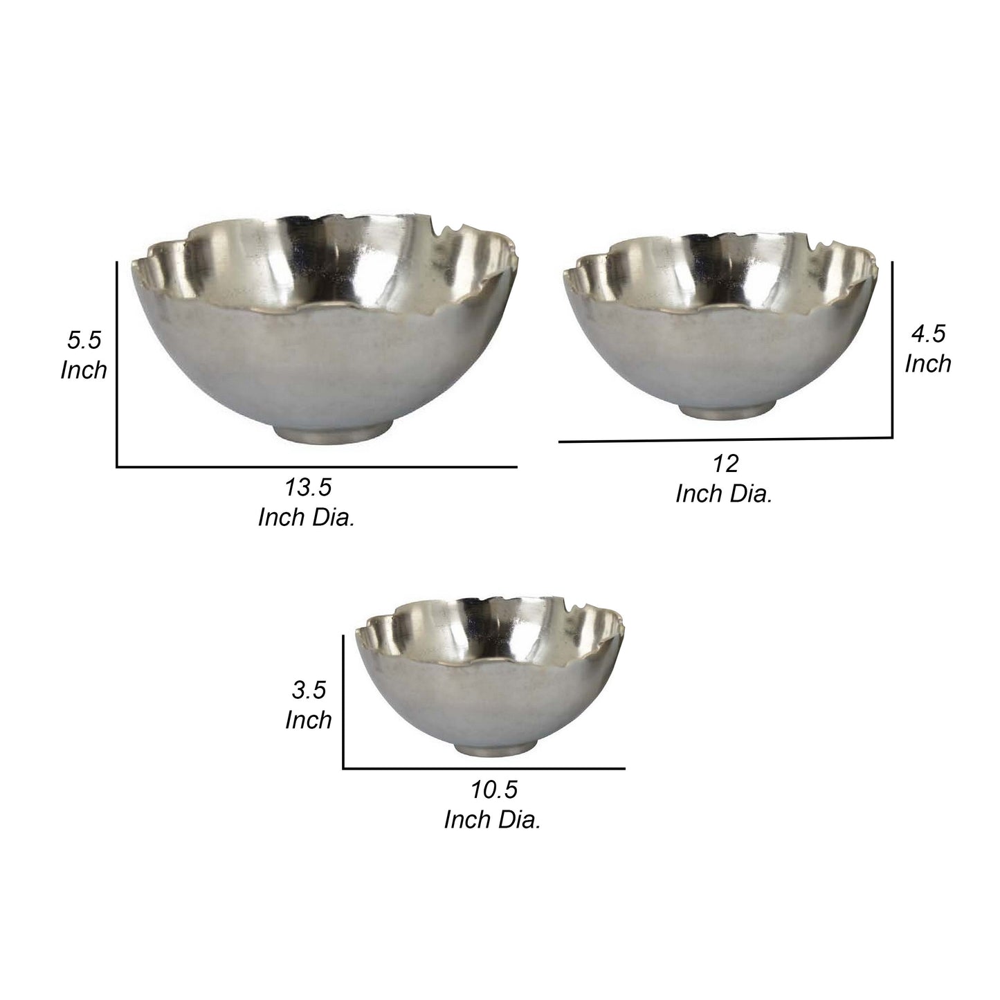 Bonz Set of 3 Bowls Unique Top Shape Round Base Silver Metal Finish By Casagear Home BM310157