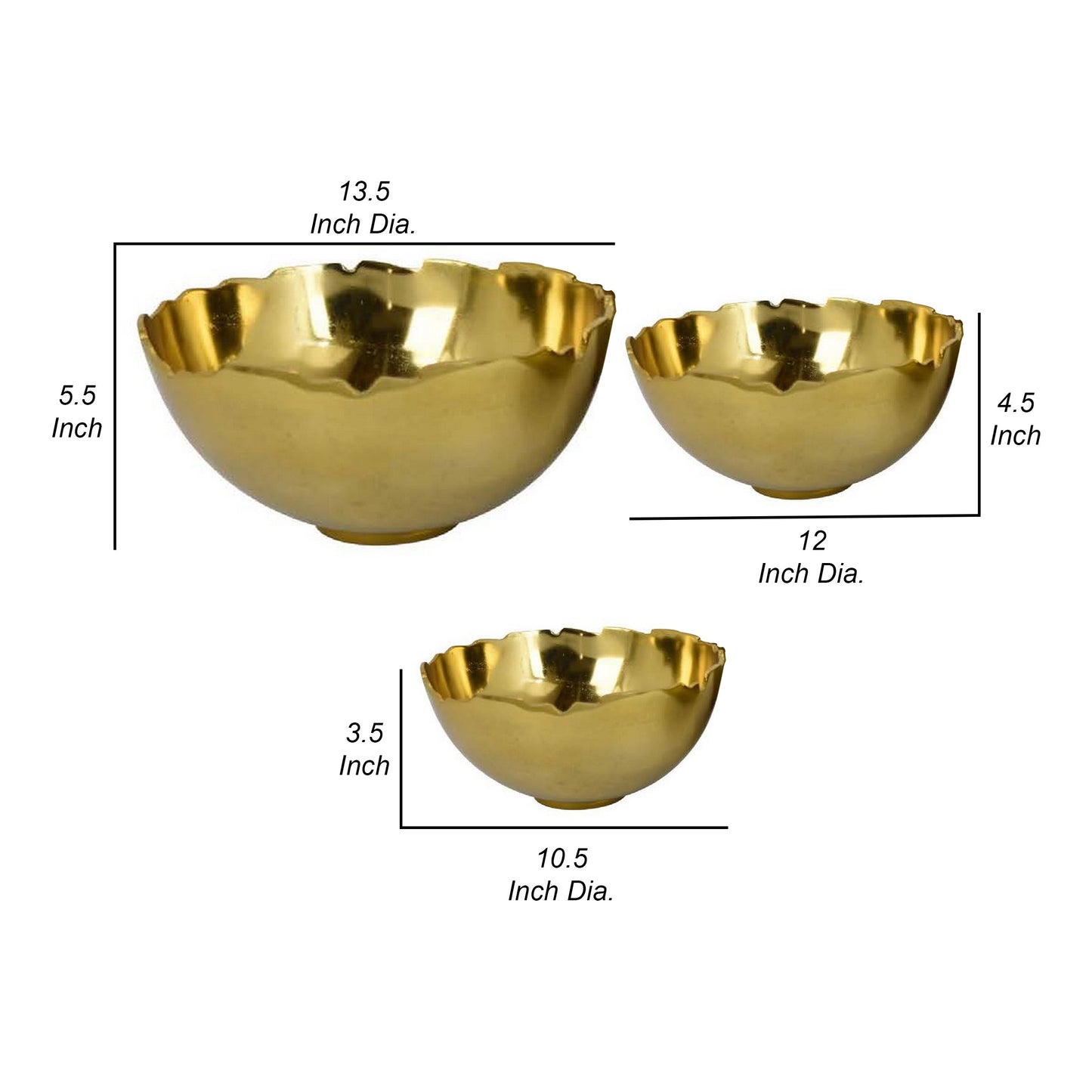 Bonz Set of 3 Bowls Unique Top Shape Round Base Gold Metal Finish By Casagear Home BM310158