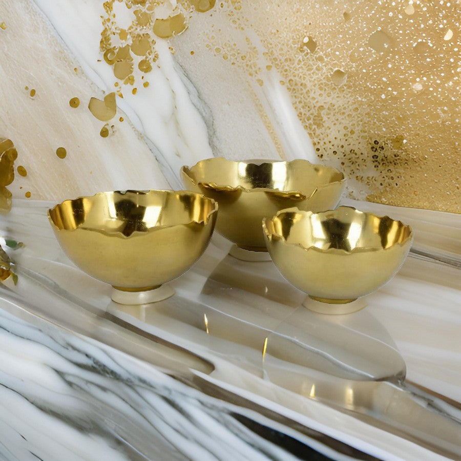 Bonz Set of 3 Bowls, Unique Top Shape, Round Base, Gold Metal Finish By Casagear Home