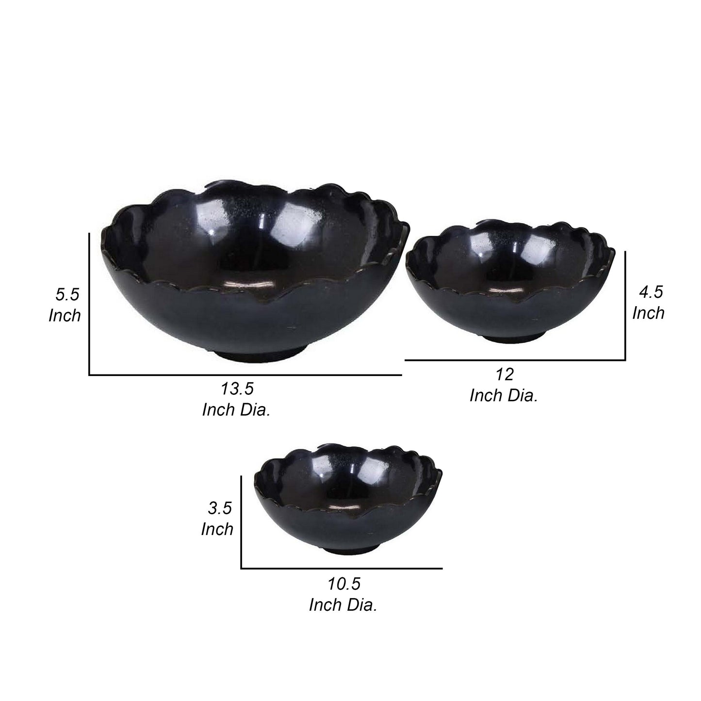 Bonz Set of 3 Bowls Unique Top Shape Round Base Black Metal Finish By Casagear Home BM310159