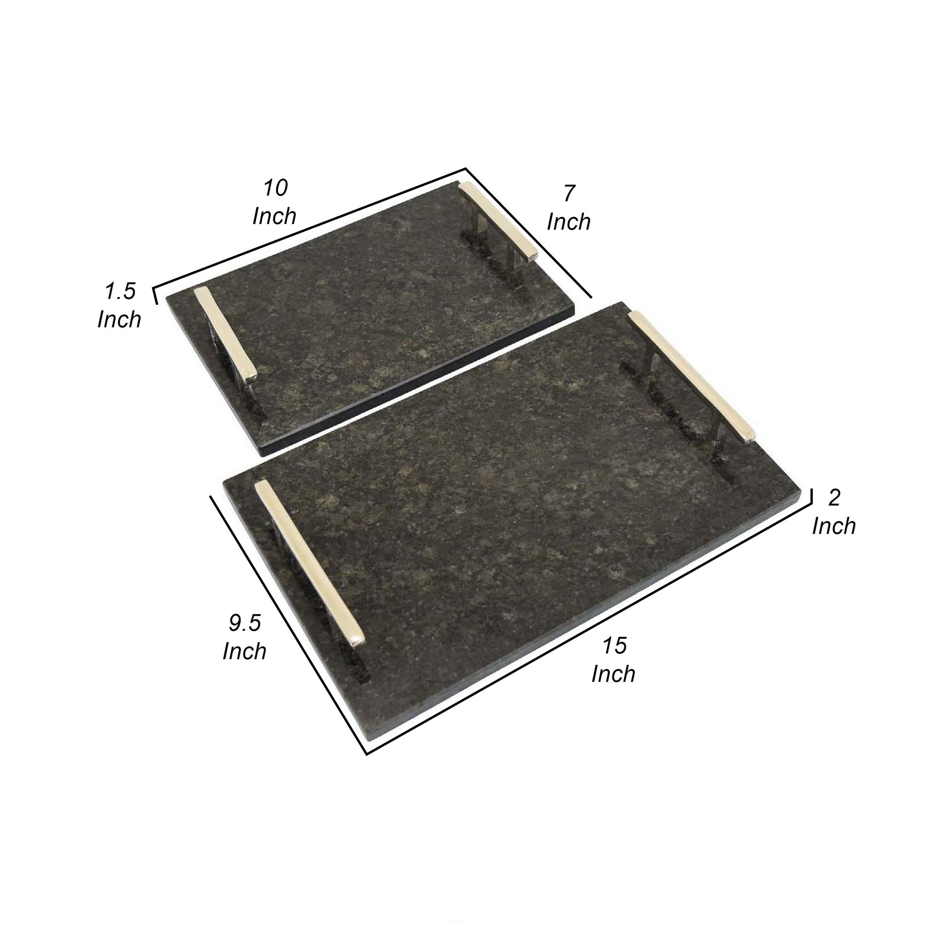 Entro Tray Set of 2 Rectangular Shape 2 Gold Handles Black Finish Marble By Casagear Home BM310173