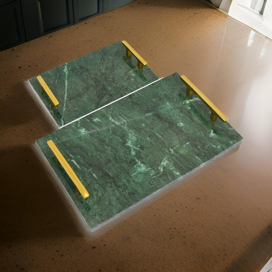 Entro Tray Set of 2, Rectangular Shape, 2 Gold Handles, Green Finish Marble By Casagear Home