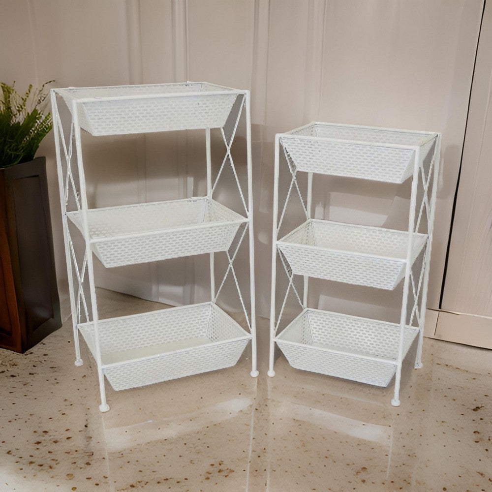 30 Inch Plant Stands Set of 2, Open Metal Frame, 6 Square Baskets, White By Casagear Home