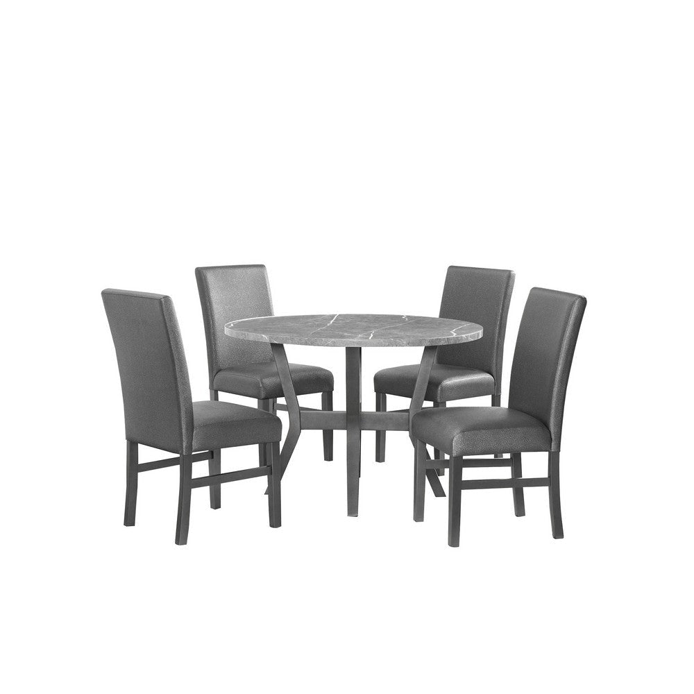 Skylar 5 Piece Dining Table Set, Wood, 4 Chairs, Glitter Gray Faux Leather By Casagear Home