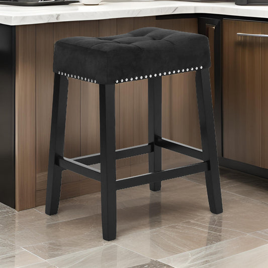 Jordan 26 Inch Counter Height Stool, Saddle Seat, Black Leather and Wood By Casagear Home