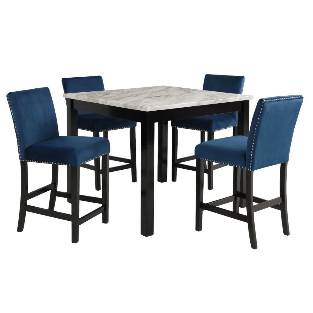 Jordan 5 Piece Counter Height Table Set 4 Chairs Wood Royal Blue Velvet By Casagear Home BM310208