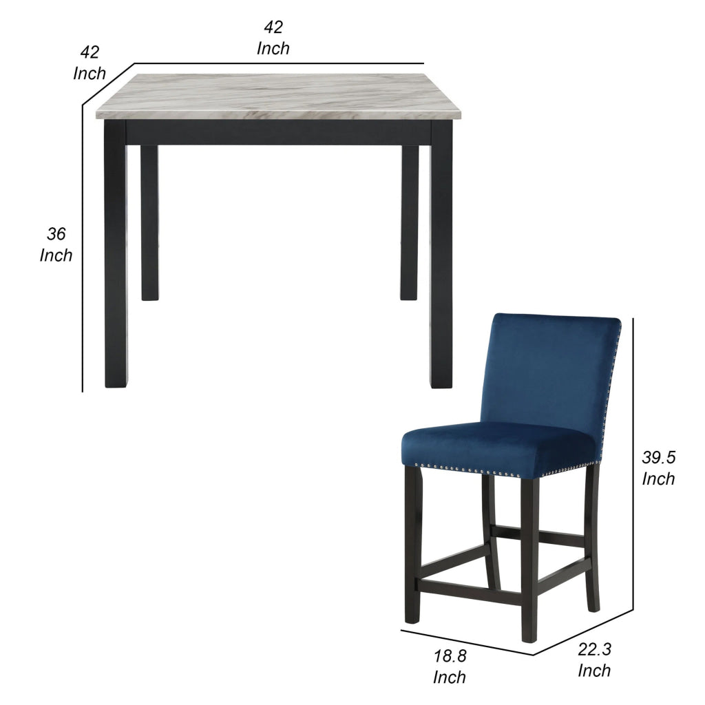 Jordan 5 Piece Counter Height Table Set 4 Chairs Wood Royal Blue Velvet By Casagear Home BM310208