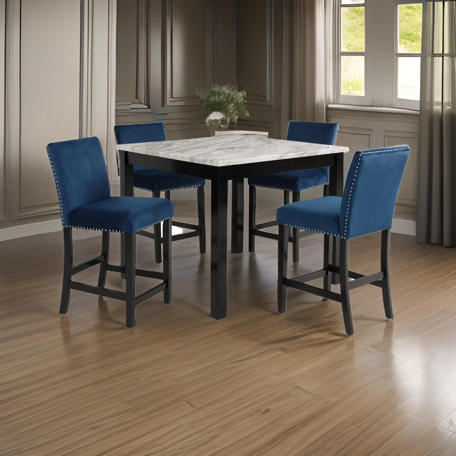 Jordan 5 Piece Counter Height Table Set, 4 Chairs, Wood, Royal Blue Velvet By Casagear Home