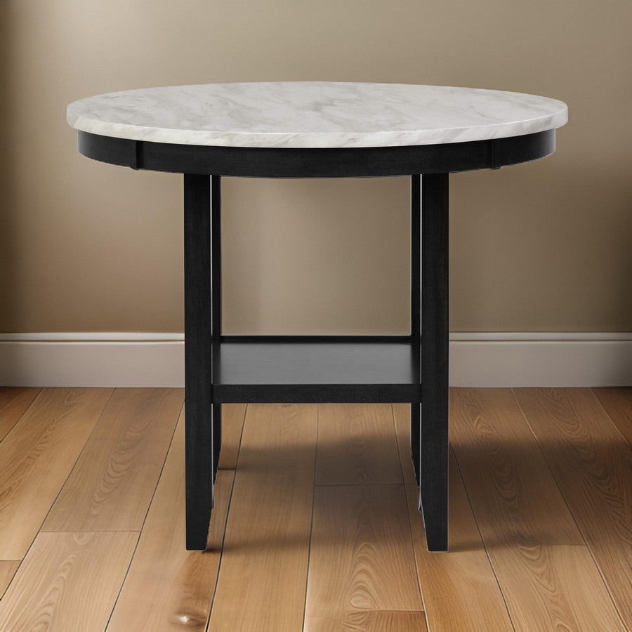 Jordan 42 Inch Round Counter Height Table, Glass Top, Wood, White, Black By Casagear Home