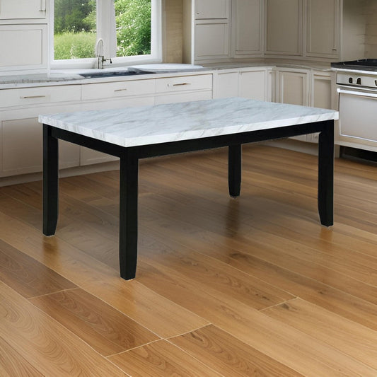 Tristan 64 Inch Dining Table, Faux Carrara Marble Top, Black and White By Casagear Home