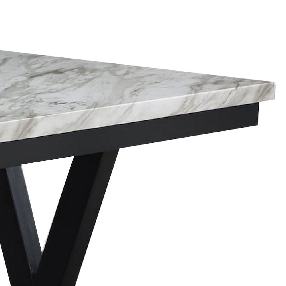 Oliver 72 Inch Dining Table With Faux Carrara Marble Top, White and Black By Casagear Home