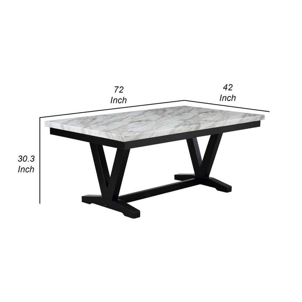 Oliver 72 Inch Dining Table With Faux Carrara Marble Top, White and Black By Casagear Home