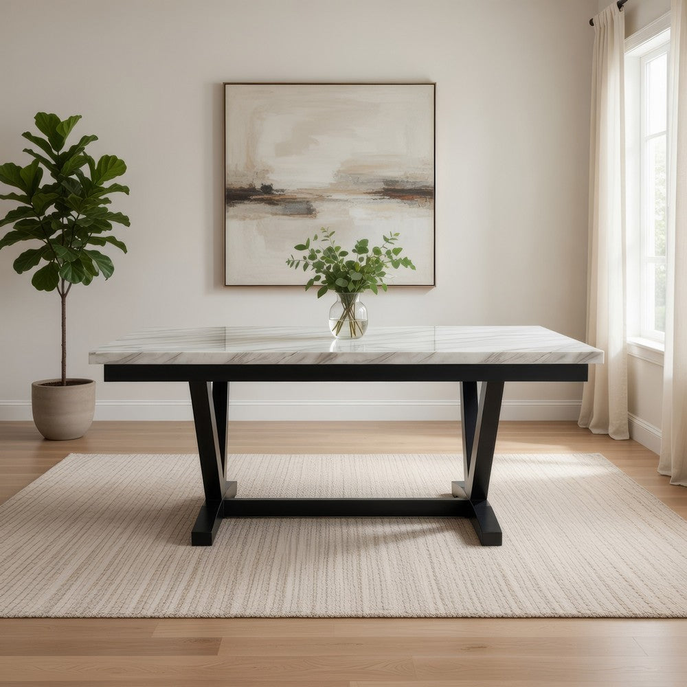 Oliver 72 Inch Dining Table With Faux Carrara Marble Top, White and Black By Casagear Home