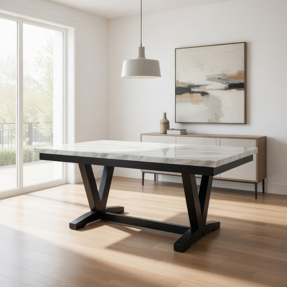 Oliver 72 Inch Dining Table With Faux Carrara Marble Top, White and Black By Casagear Home