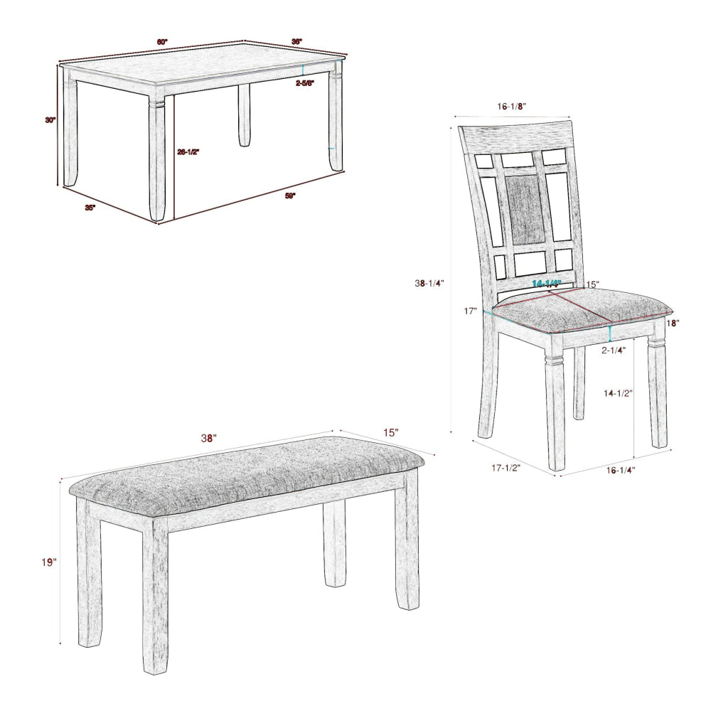 Lexie 6 Piece Dinette Set 4 Chairs 1 Table Bench Gray Wood and Fabric By Casagear Home BM310255