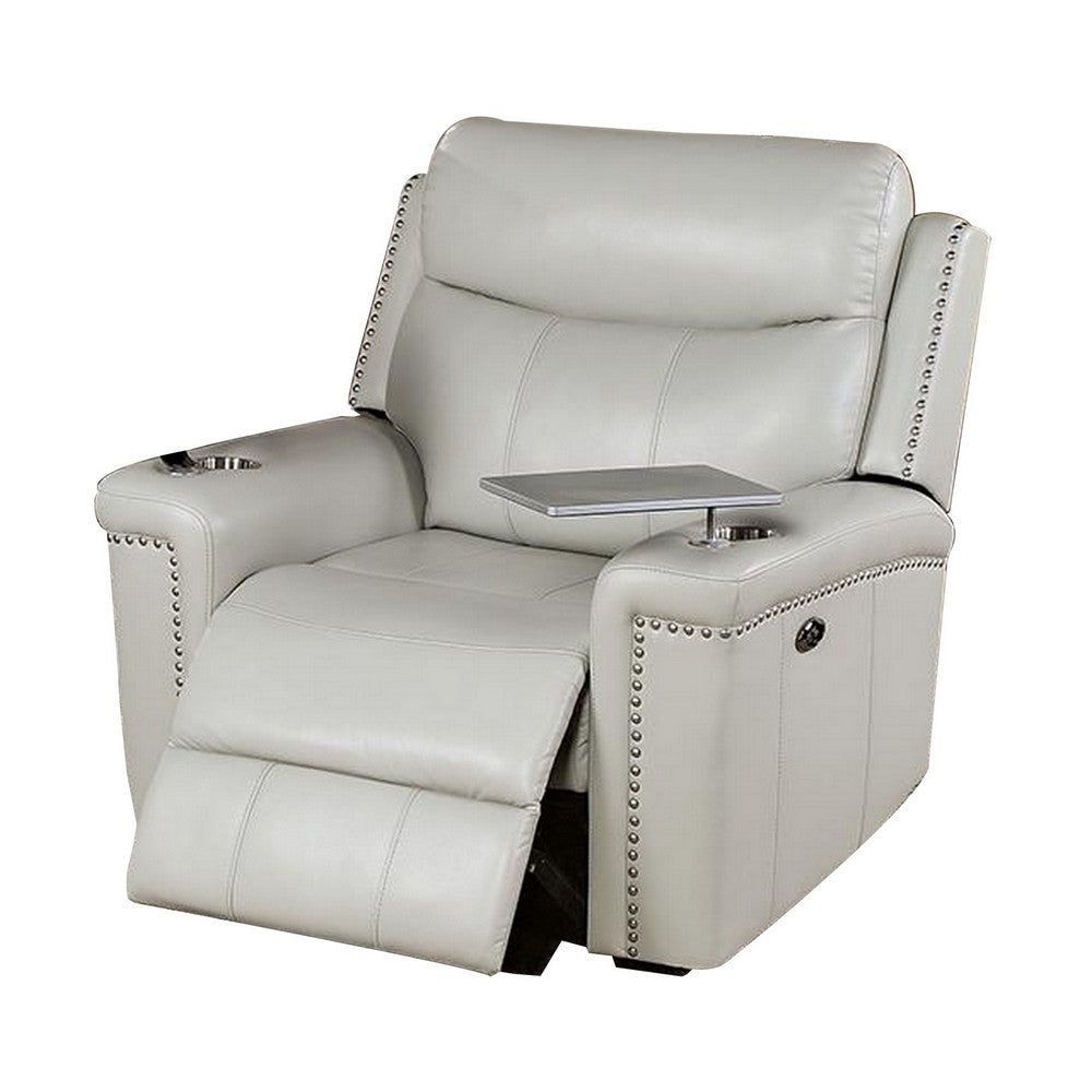 Flo 42 Inch Power Glider Recliner USB Port Faux Leather Light Gray By Casagear Home BM310889