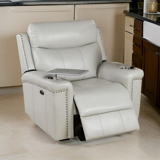 Flo 42 Inch Power Glider Recliner, USB Port, Faux Leather, Light Gray  By Casagear Home