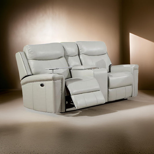 Flo 76 Inch Power Recliner Loveseat, USB, Nailhead, Light Gray Faux Leather By Casagear Home