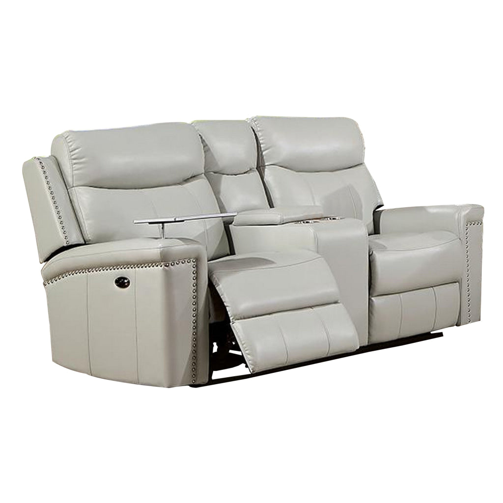 Flo 76 Inch Power Recliner Loveseat USB Nailhead Light Gray Faux Leather By Casagear Home BM310890