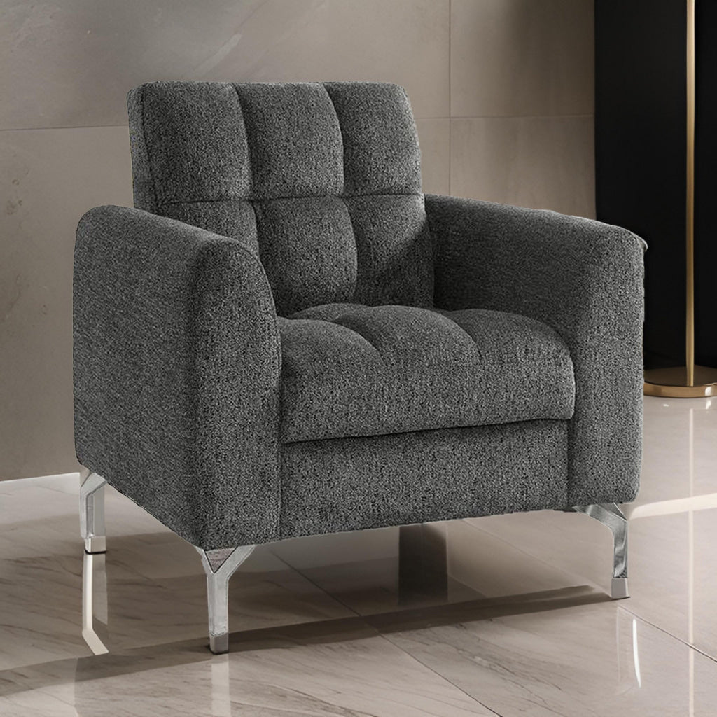 Lupe 35 Inch Chair, Biscuit Tufted, Chrome Legs, Gray Chenille Upholstery By Casagear Home