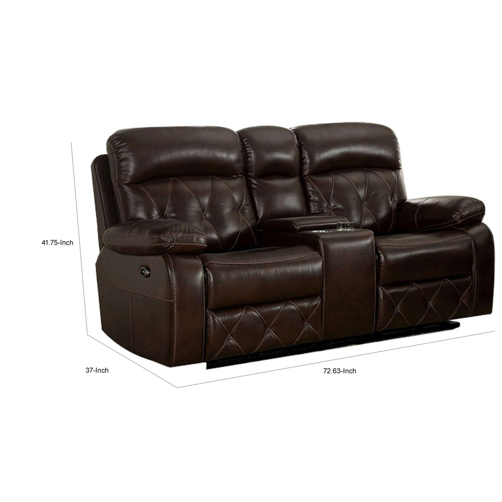 Dudd 73 Inch Power Recliner Loveseat USB Port Dark Brown Faux Leather By Casagear Home BM310899