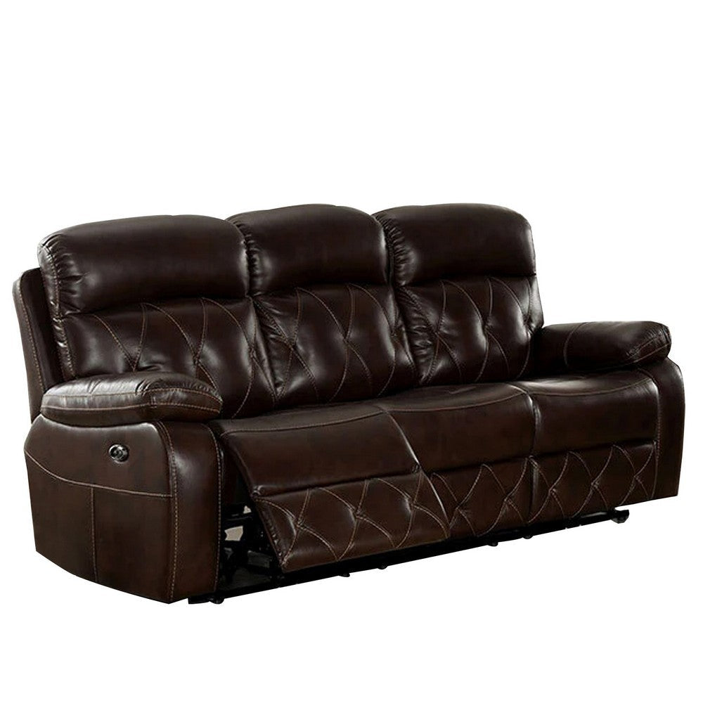 Dudd 84 Inch Power Recliner Sofa with USB Port, Dark Brown Faux Leather By Casagear Home