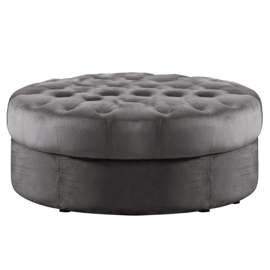 45 Inch Ottoman, Round, Button Tufting, Hidden Legs, Flannelette, Gray By Casagear Home