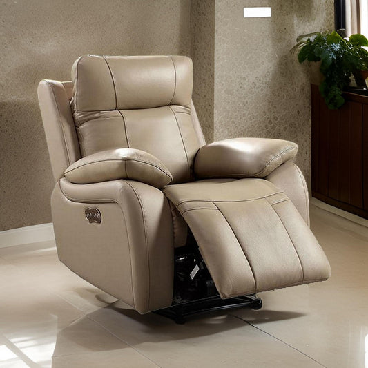 Gape 37 Inch Power Recliner, Lumbar Padded, USB Port, Leather, Light Brown By Casagear Home