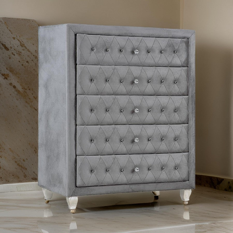 Zoha 49 Inch Tall Dresser Chest, 5 Drawer, Cabriole Legs, Gray Upholstery By Casagear Home