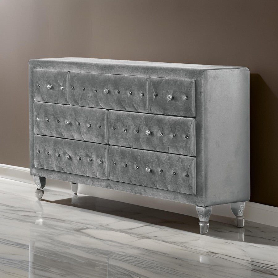 Zoha 59 Inch Wide Dresser Chest 7 Drawer Solid Wood Gray Upholstery By Casagear Home BM310913