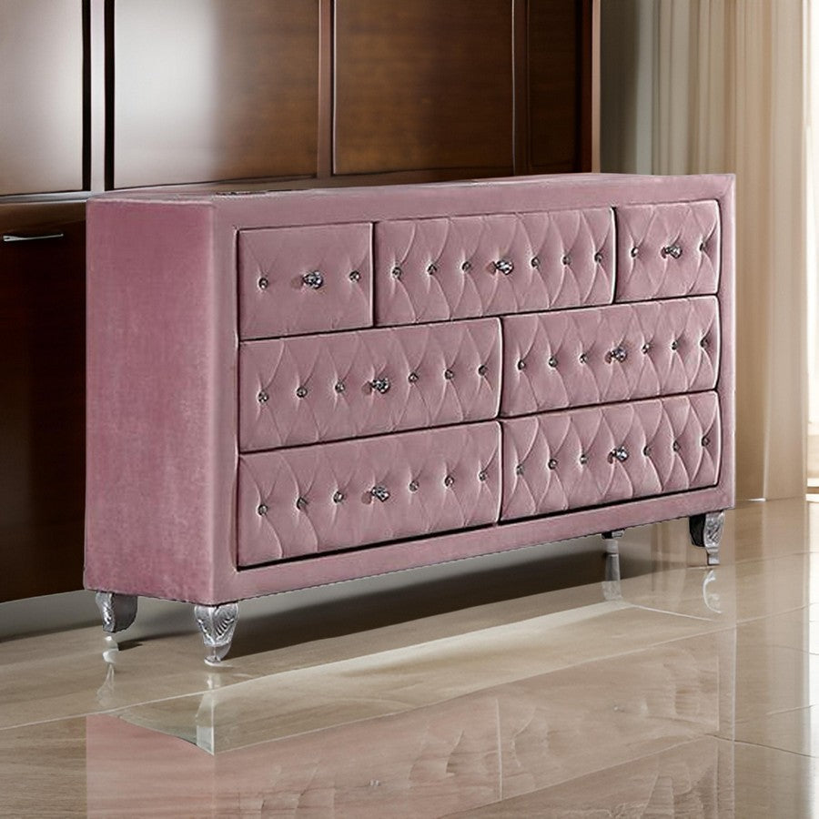 Zoha 59 Inch Wide Dresser Chest, 7 Drawer, Solid Wood, Pink Upholstery By Casagear Home