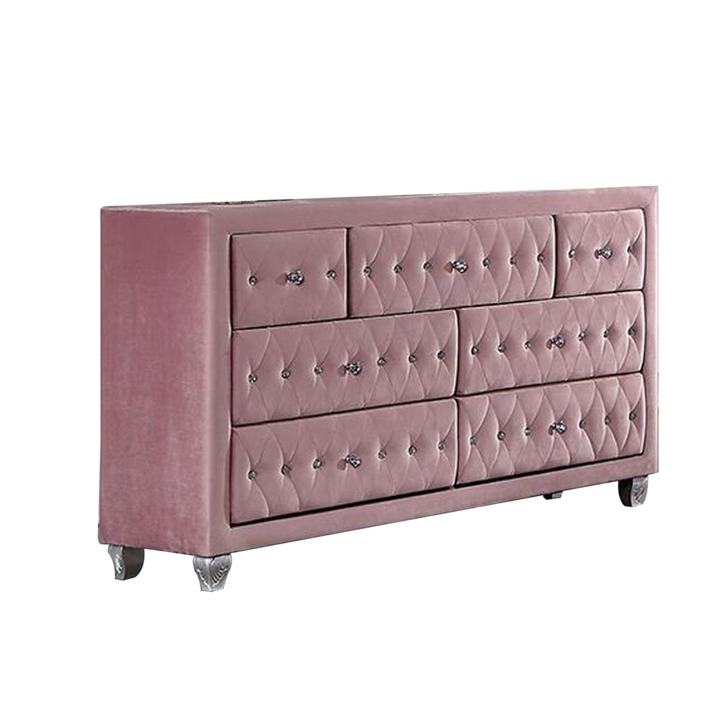 Zoha 59 Inch Wide Dresser Chest 7 Drawer Solid Wood Pink Upholstery By Casagear Home BM310916