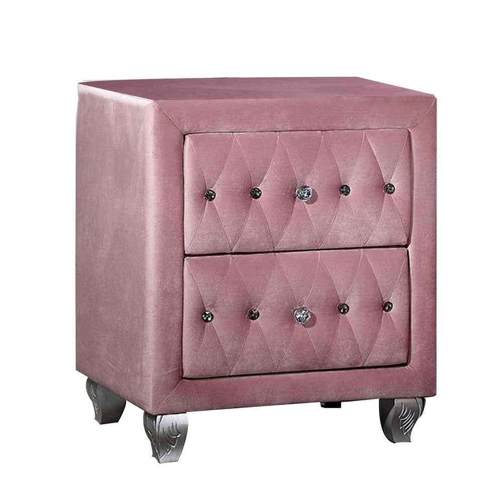 Zoha 26 Inch Nightstand 2 Drawer Cabriole Legs Wood Pink Upholstery By Casagear Home BM310917