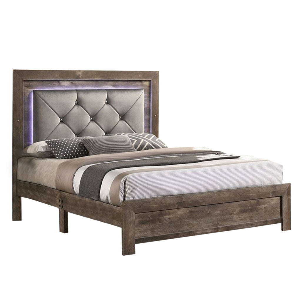 Farmhouse King Size Bed Button Tufted LED Accents Beige Tone Upholstery By Casagear Home BM310918