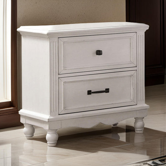 Geo 28 Inch Nightstand, 2 Drawers, Solid Wood, Bronze, Antique White By Casagear Home