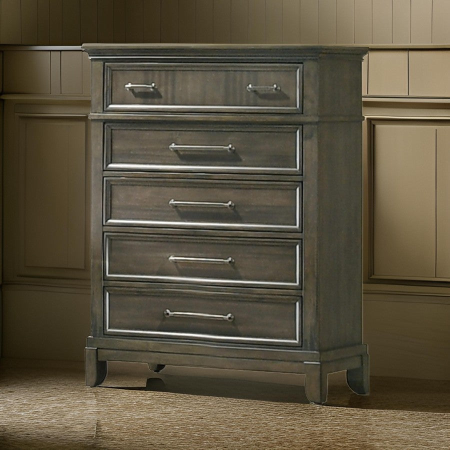 Ston 49 Inch Tall Dresser Chest, 5 Drawers, Pewter, Crown Molding, Gray By Casagear Home