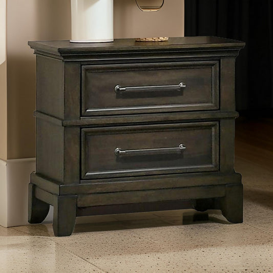 Ston 26 Inch Nightstand, 2 Drawers, Pewter Handles, Crown Mold, Wood, Gray By Casagear Home