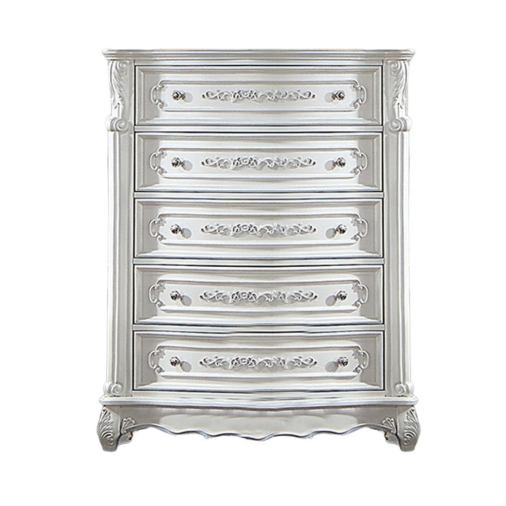 54 Inch Tall Dresser Chest, 5 Drawer, Marble Top, Carved Design Pearl White By Casagear Home