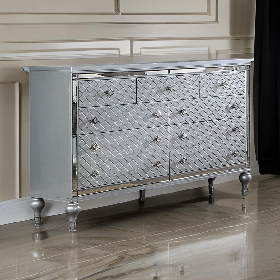 Calan 63 Inch Wide Dresser Chest 9 Drawers Pebble Texture Wood Silver By Casagear Home BM310935