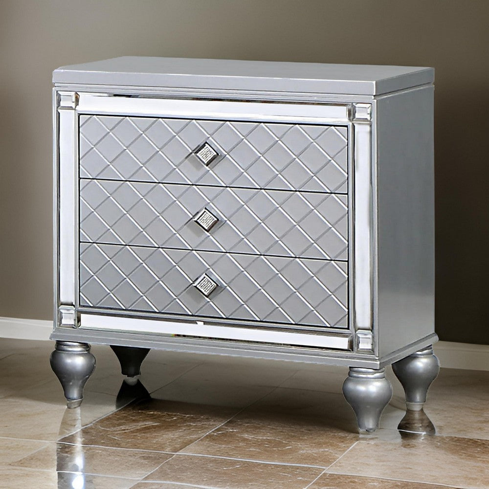 Calan 28 Inch Nightstand 3 Drawers Pebble Texture Mirror Trim Silver By Casagear Home BM310936