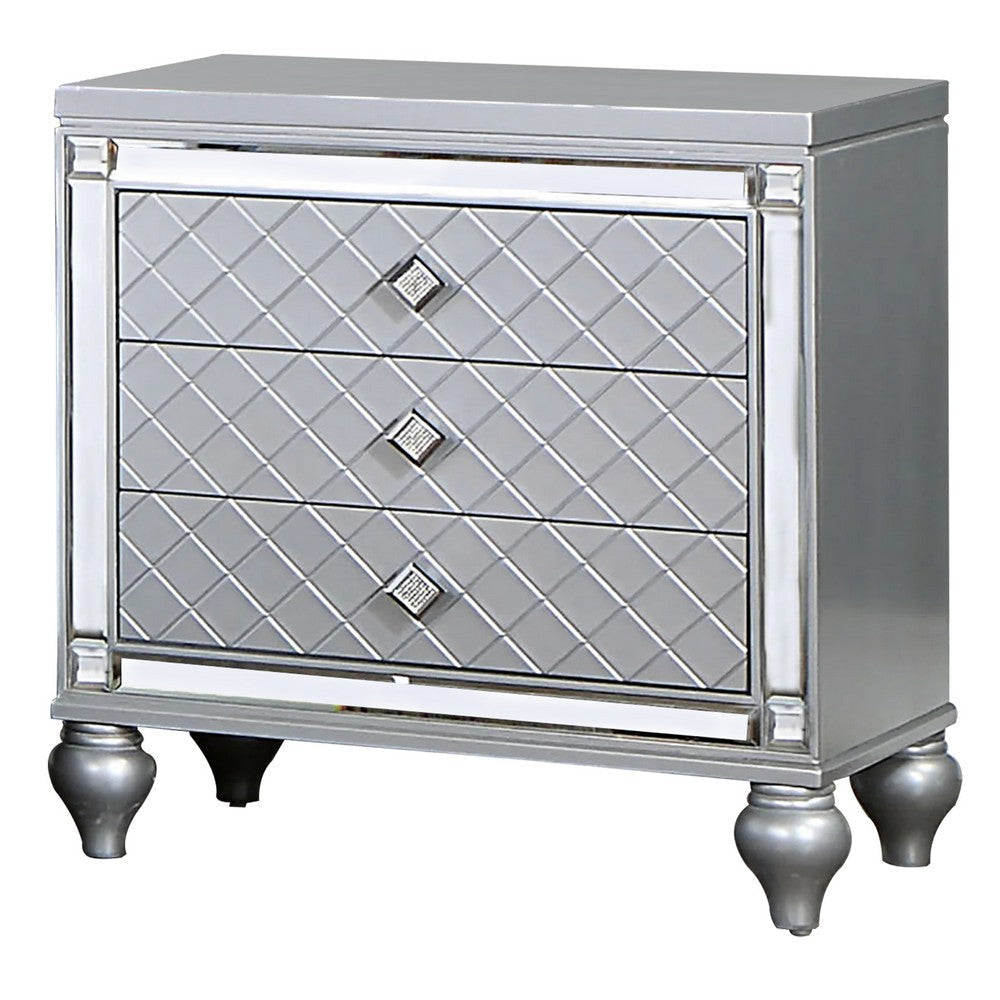 Calan 28 Inch Nightstand, 3 Drawers, Pebble Texture, Mirror Trim, Silver By Casagear Home