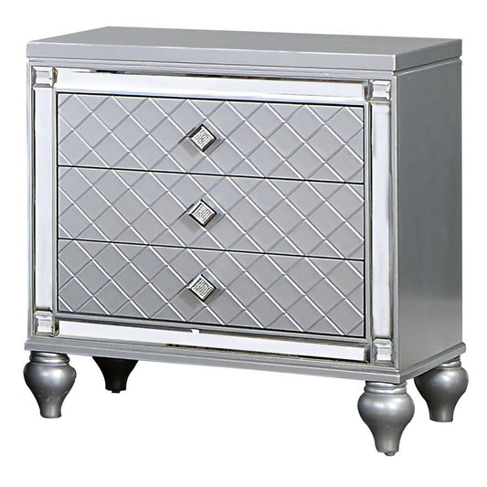 Calan 28 Inch Nightstand, 3 Drawers, Pebble Texture, Mirror Trim, Silver By Casagear Home