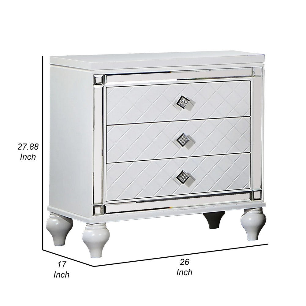 Calan 28 Inch Nightstand 3 Drawers Pebble Texture Mirror Trim White By Casagear Home BM310939