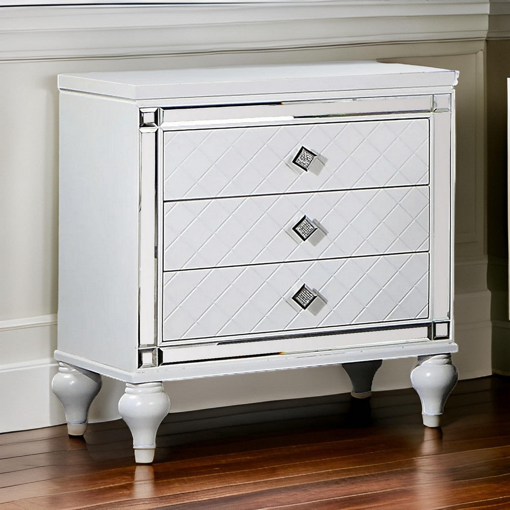 Calan 28 Inch Nightstand 3 Drawers Pebble Texture Mirror Trim White By Casagear Home BM310939