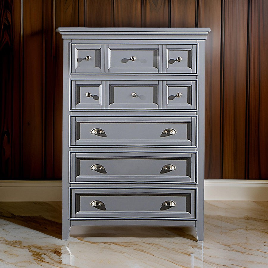 Lile 50 Inch Tall Dresser Chest, 6 Drawer, Crown Molding, Solid Wood, Gray By Casagear Home